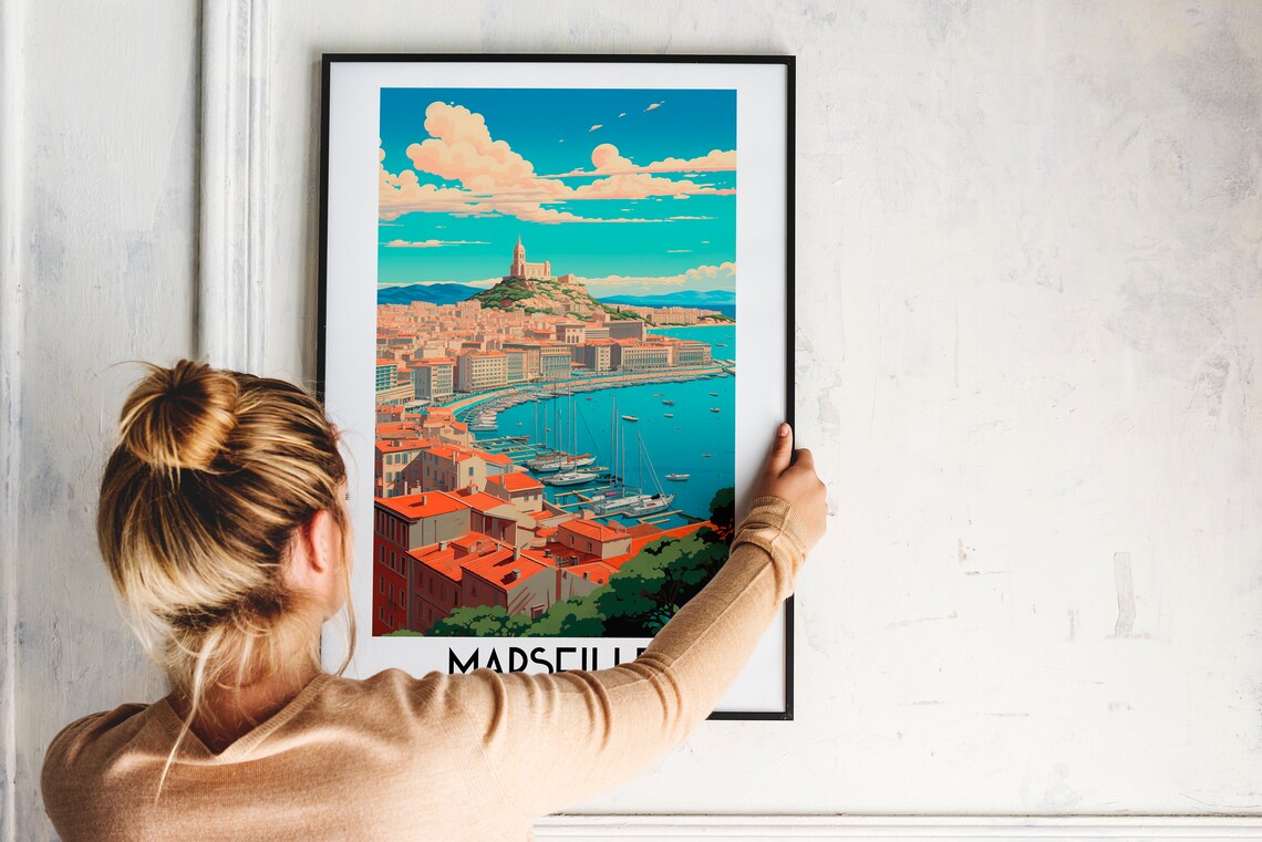 Marseille France Old Harbor Hilltop Basilica Vintage Travel Poster - Image 2