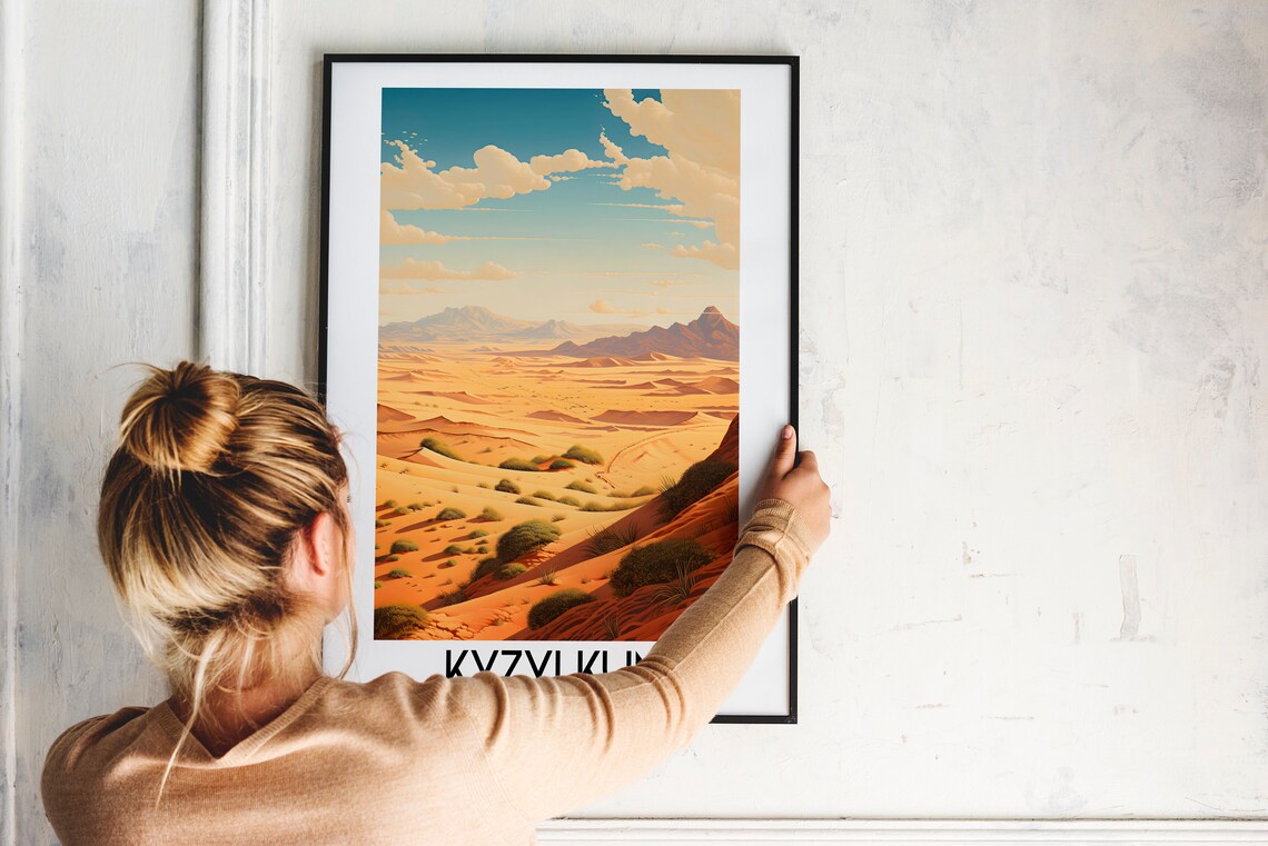 Kyzylkum Desert Endless Golden Sand Dunes Blue Mountains Travel Poster - Image 2