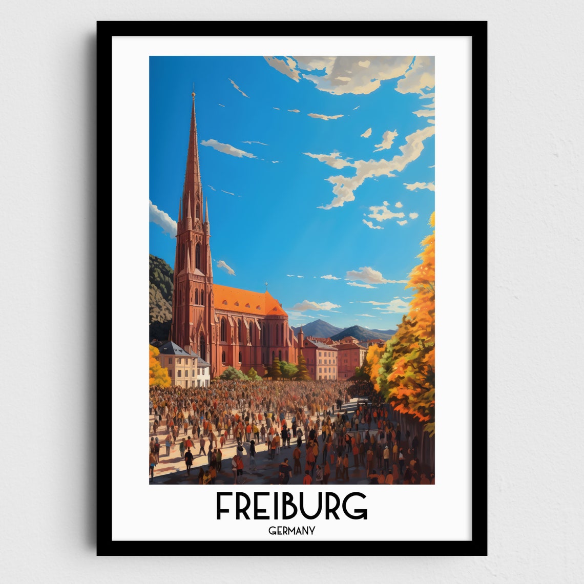 Freiburg Cathedral Minster Crowd Square Germany Travel Poster