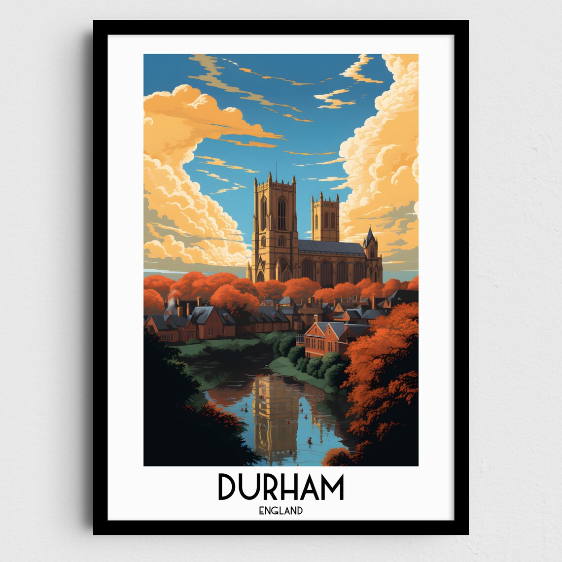 Durham England Cathedral River Wear Autumn Historic View Travel Poster