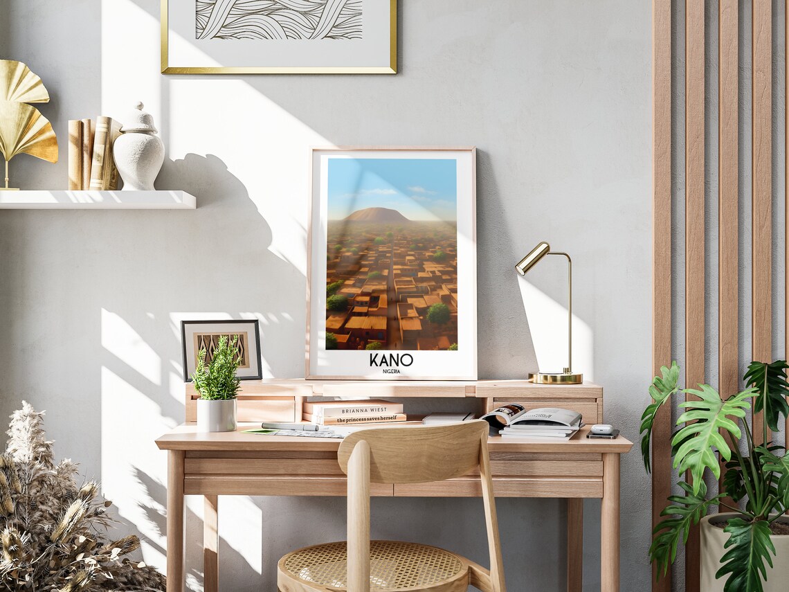 Kano Nigeria Golden Mud Brick Town and Rocky Hill Scene Poster - Image 3