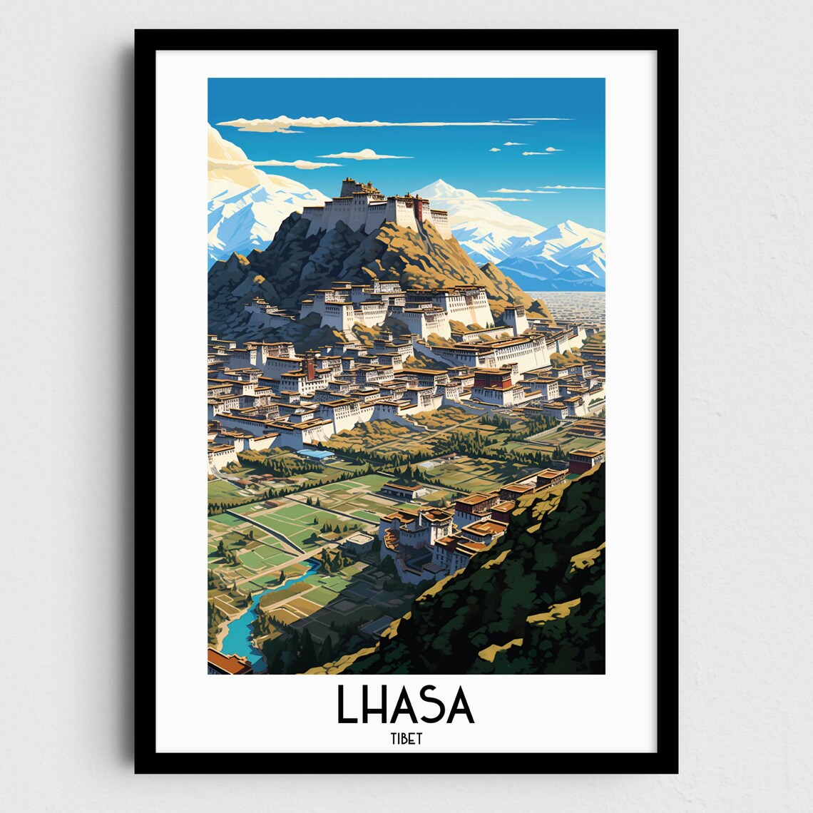 Lhasa Tibet Travel Poster Potala Palace Hilltop Snowy Peaks View Art