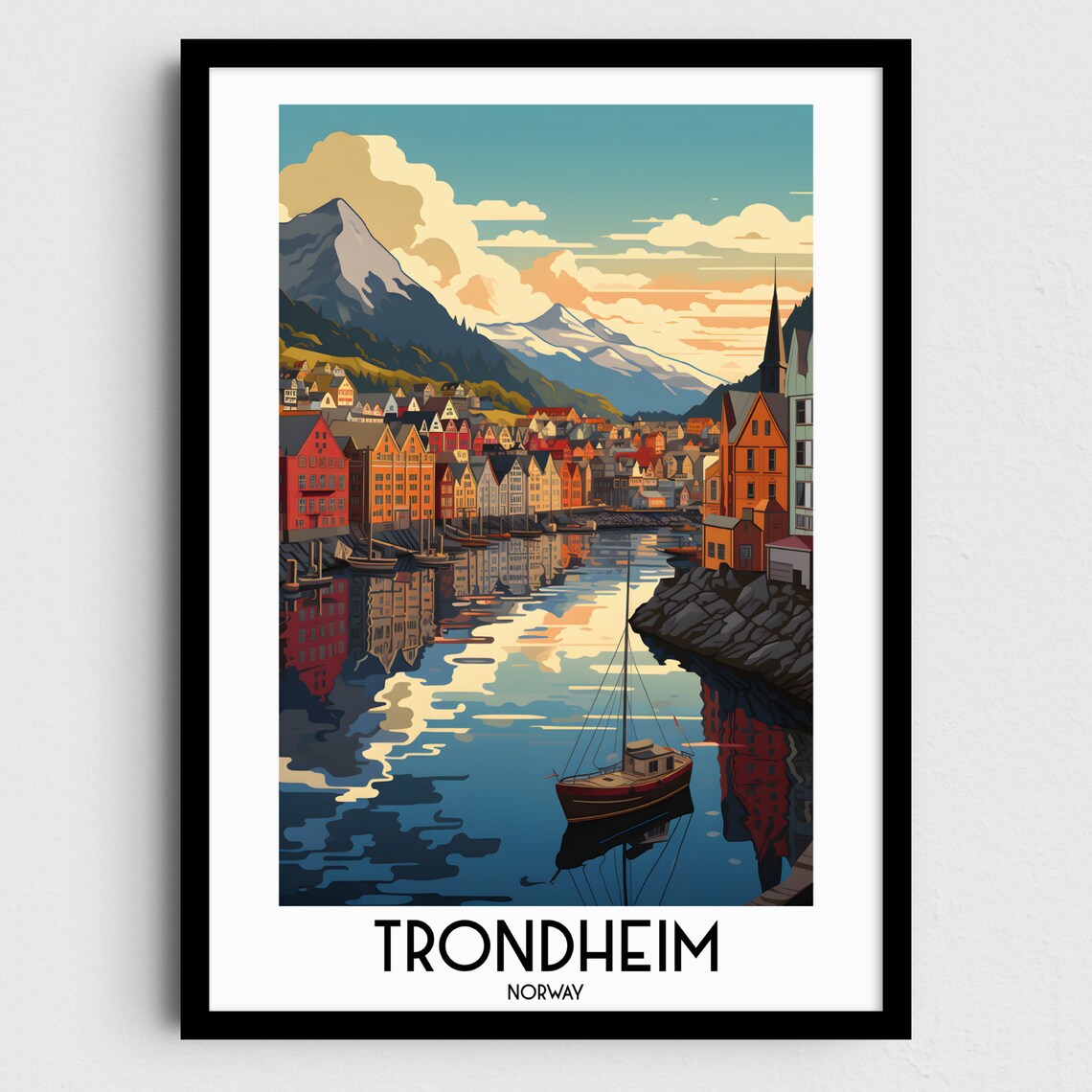 Trondheim Harbor Colorful Wharf Houses Norway Travel Art Poster