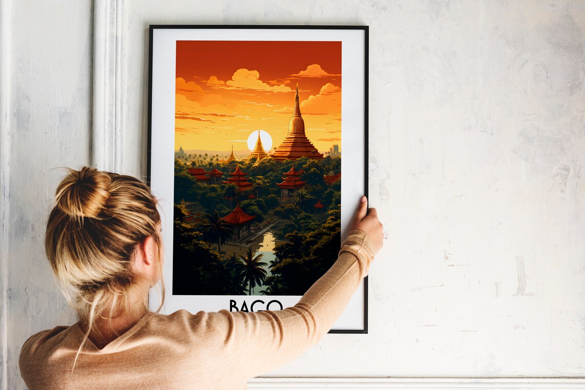 Bago Myanmar Golden Buddhist Stupa Sunset Scenic Travel Poster - Image 2