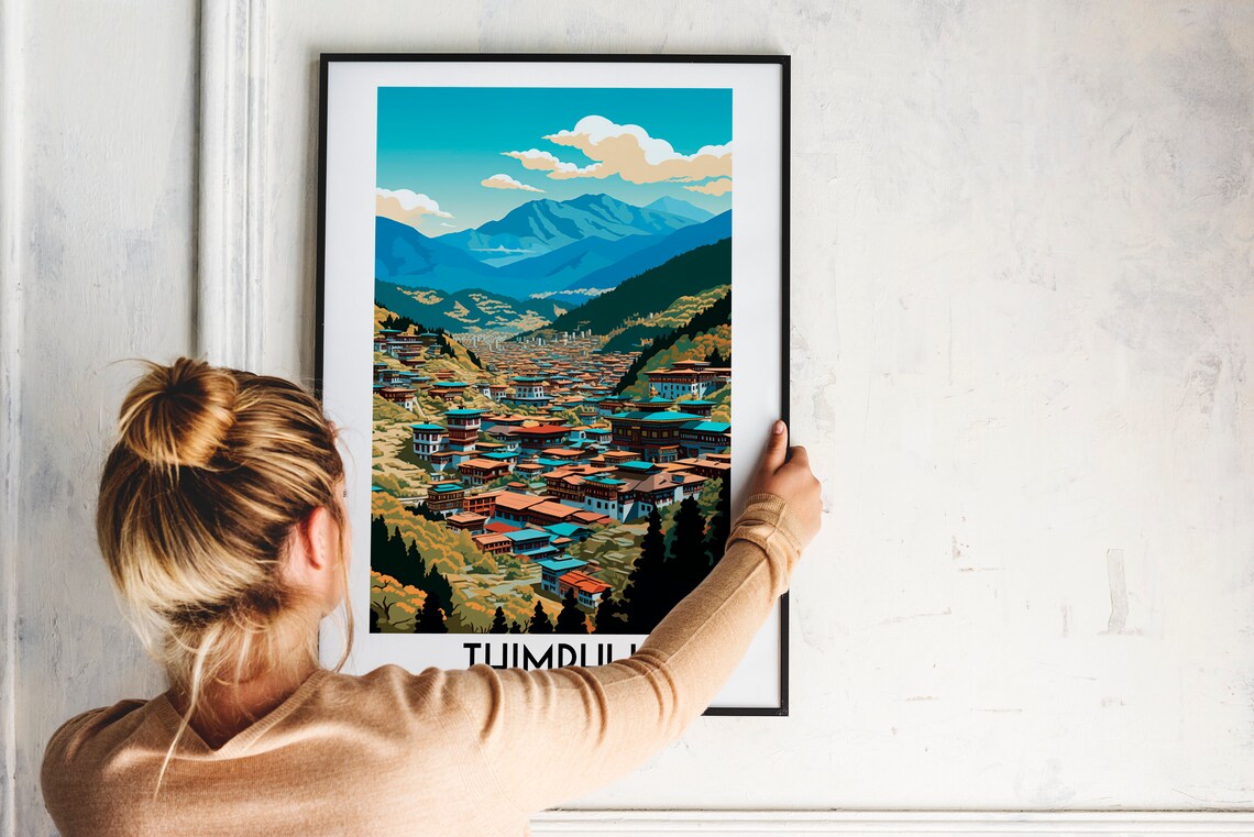 Thimphu Himalayan Valley City Mountains Bhutan Vintage Travel Poster - Image 2