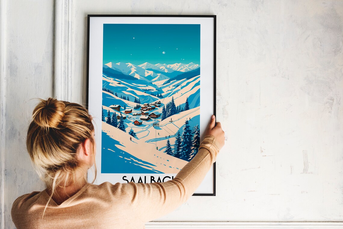 Saalbach Snowy Winter Village Ski Slopes Austria Travel Poster - Image 2