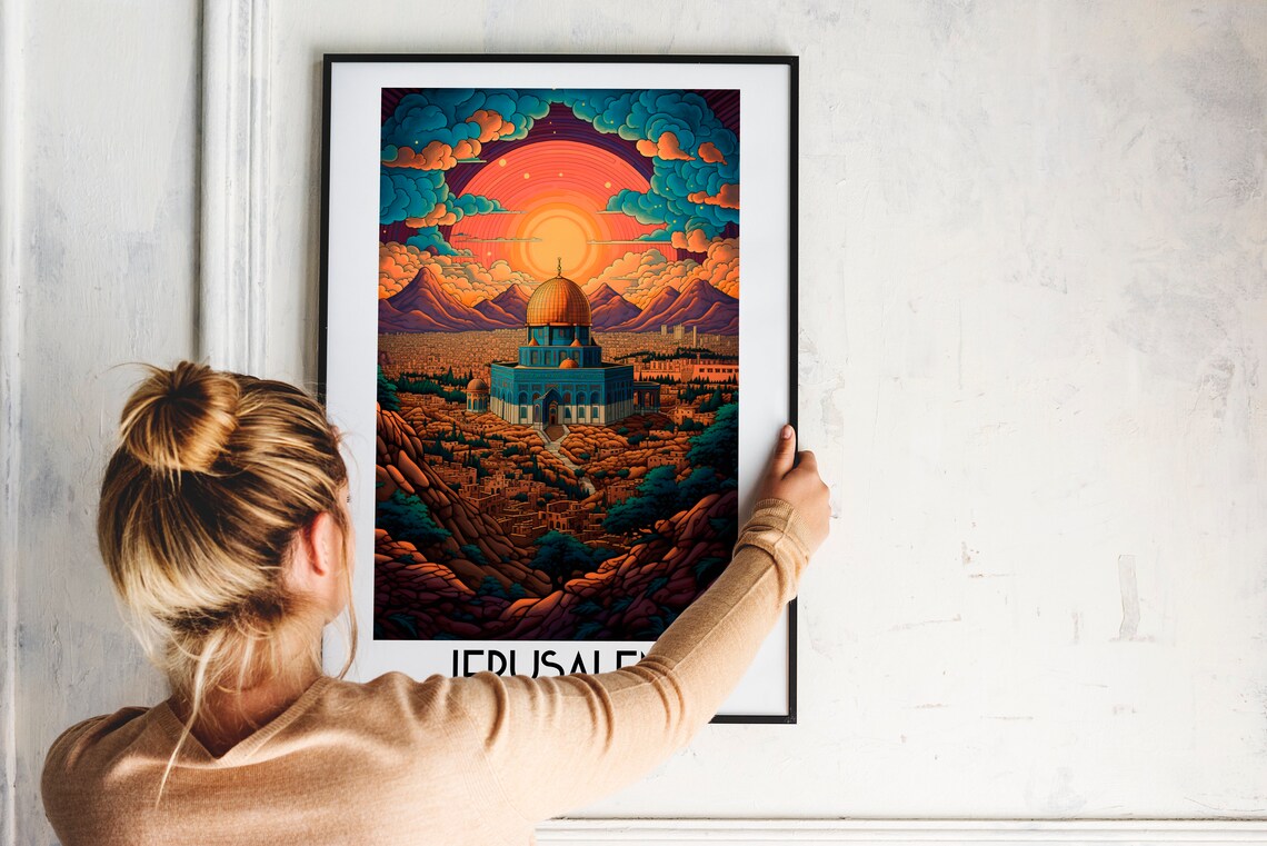 Jerusalem Golden Dome Fiery Sunset Old City Israel Travel Poster - Image 2