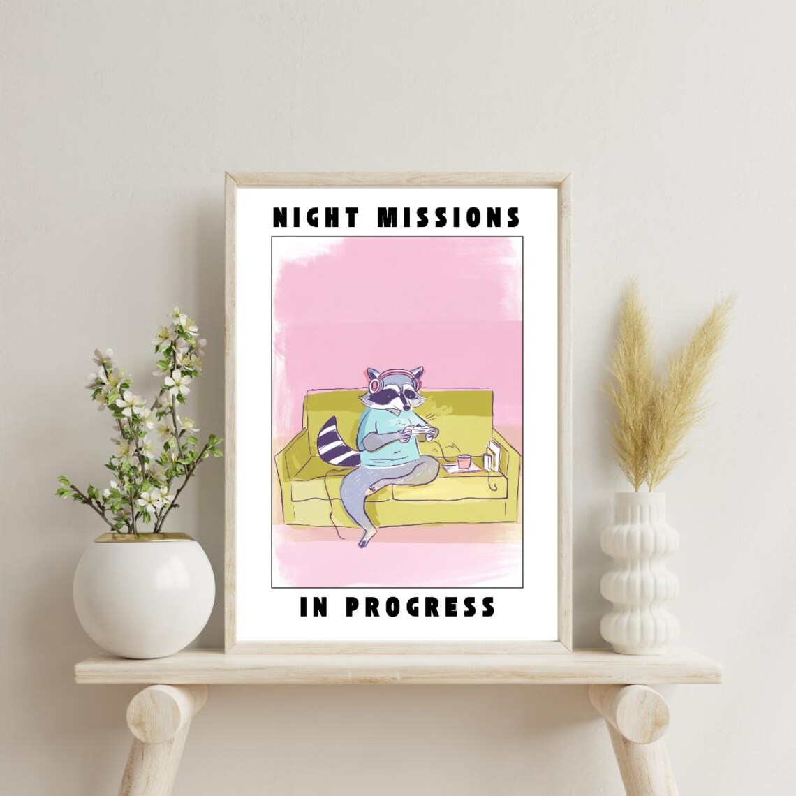 Night Missions In Progress Funny Raccoon Gaming Poster Wall Art