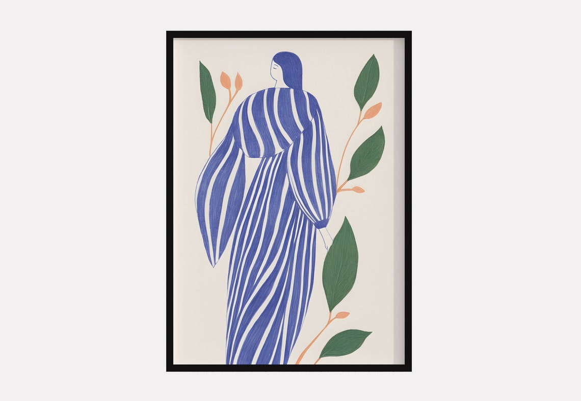 Blue Striped Dress Woman Botanical Mid Century Figure Art Poster
