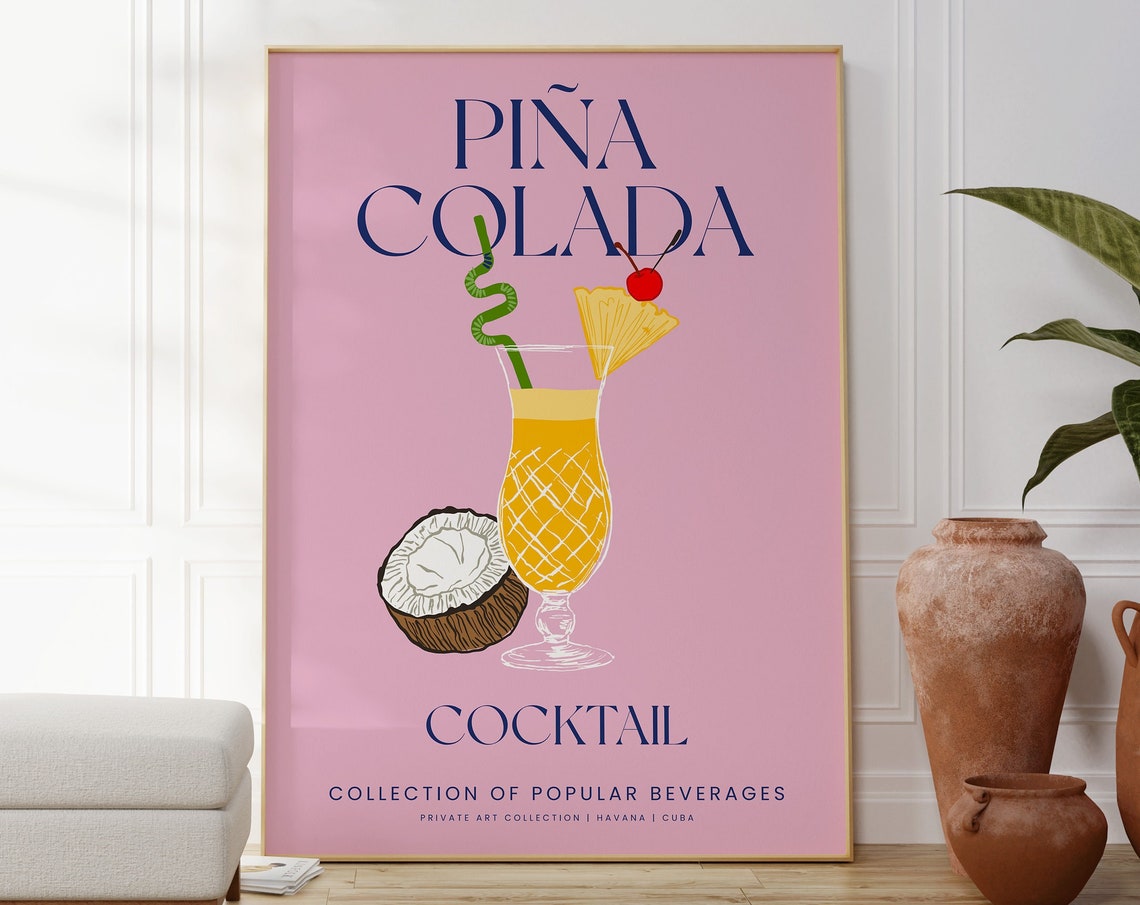 Pina Colada Pink Cocktail Illustration Tropical Bar Wall Art Poster