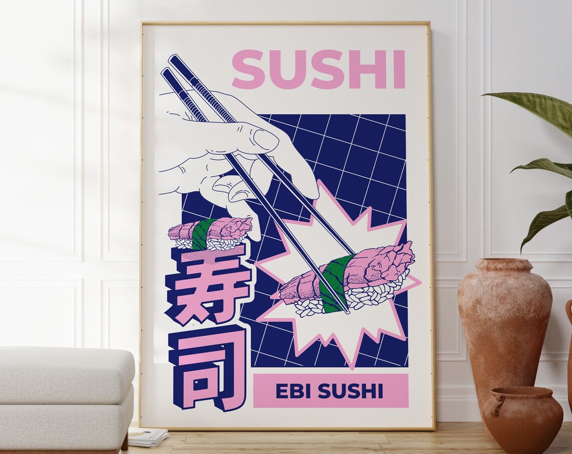 Ebi Sushi Shrimp Nigiri Pink Pop Art Japanese Food Illustration Poster