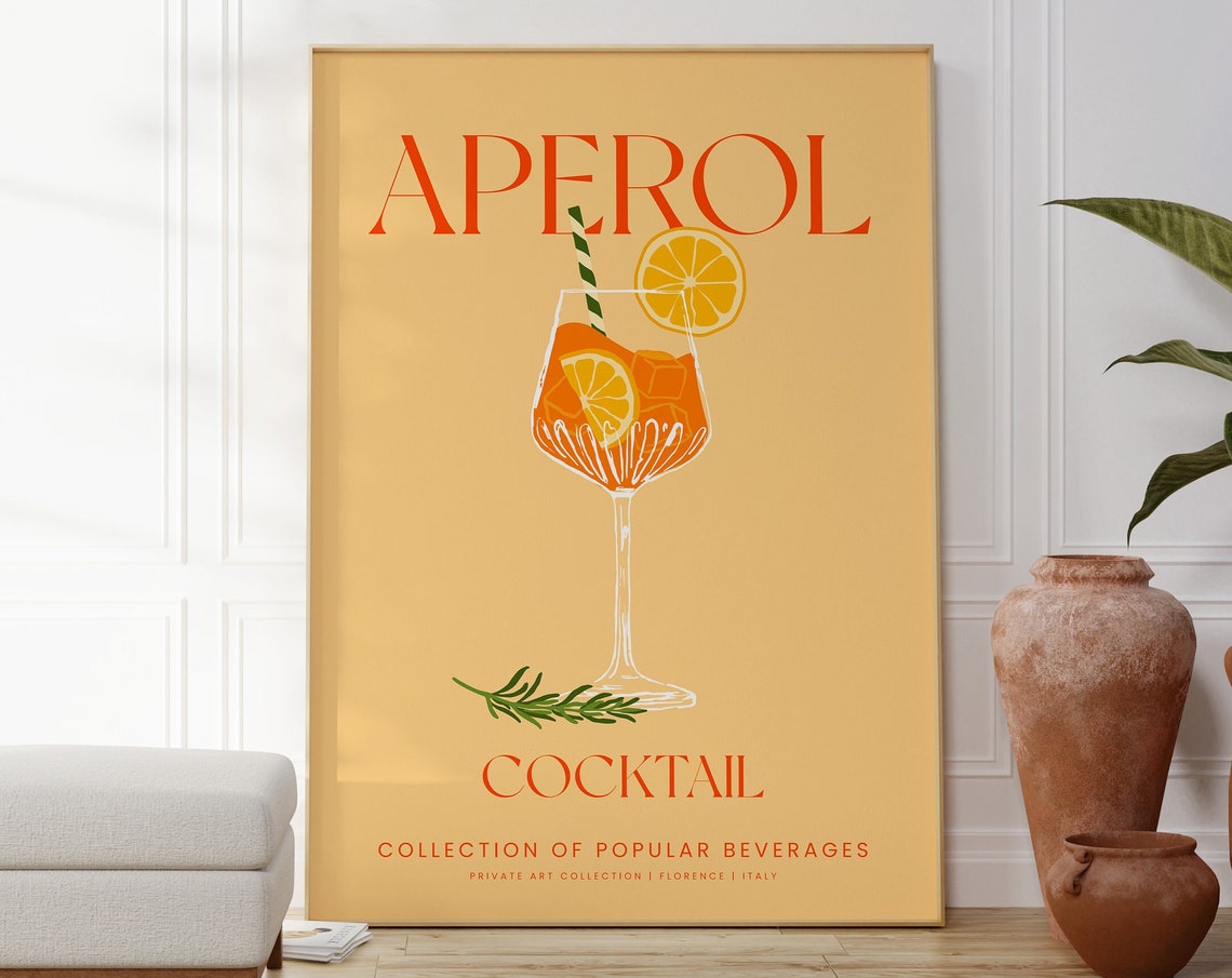 Aperol Spritz Cocktail Illustration Elegant Orange Bar Wall Art Poster