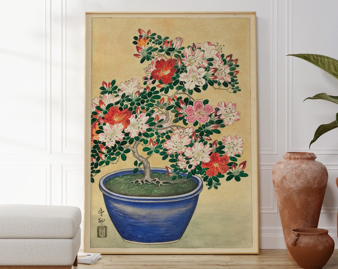 Japanese Flowering Azalea Bonsai Tree Blue Pot Vintage Botanical Print