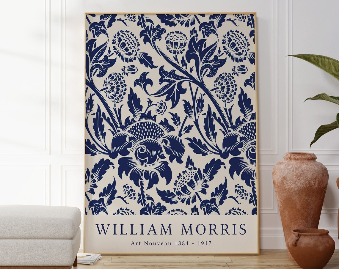 William Morris Navy Blue Floral Art Nouveau Textile Pattern Poster