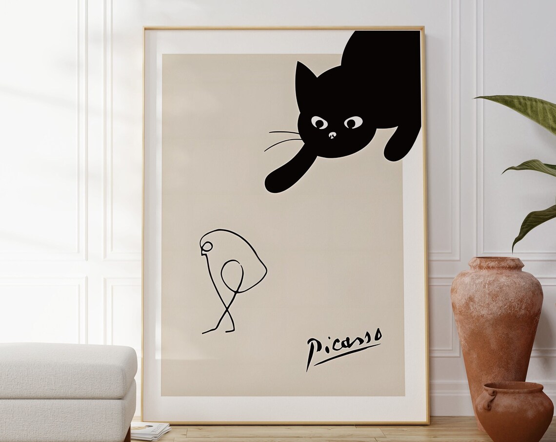 Picasso-Inspired Cat Chasing Bird, Minimalist Print