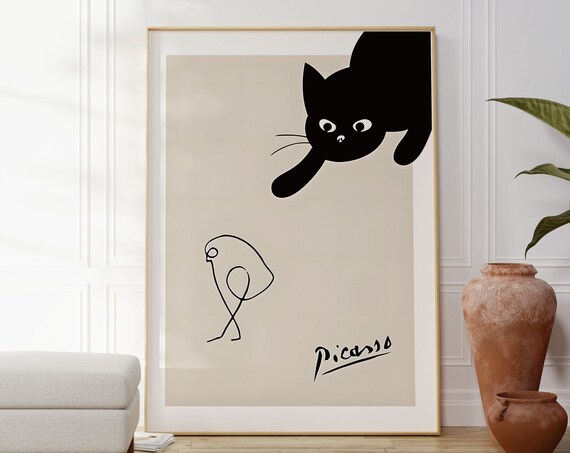 Picasso-Inspired Cat Chasing Bird, Minimalist Print