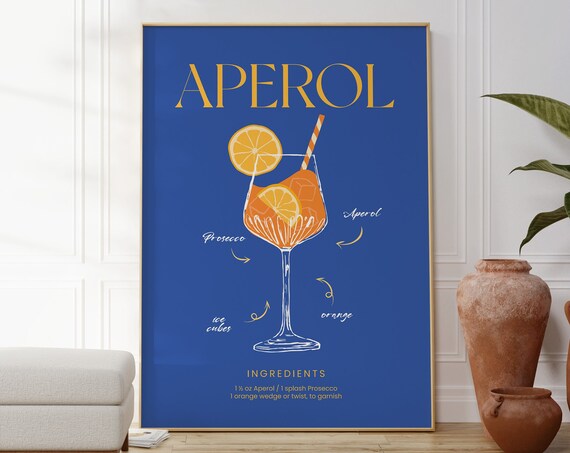 Aperol Spritz Ingredients Chart Blue Cocktail Bar Wall Art Poster
