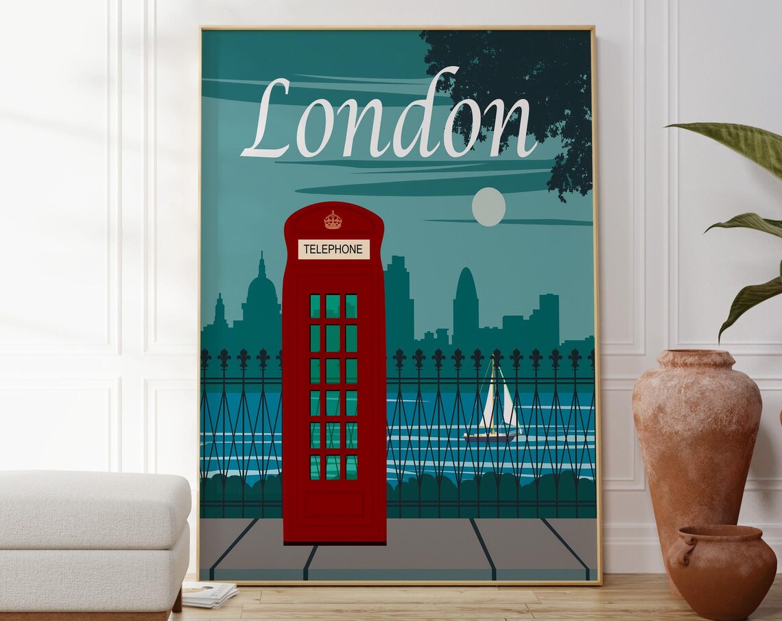 London Red Telephone Box Thames Skyline Vintage Style Travel Poster