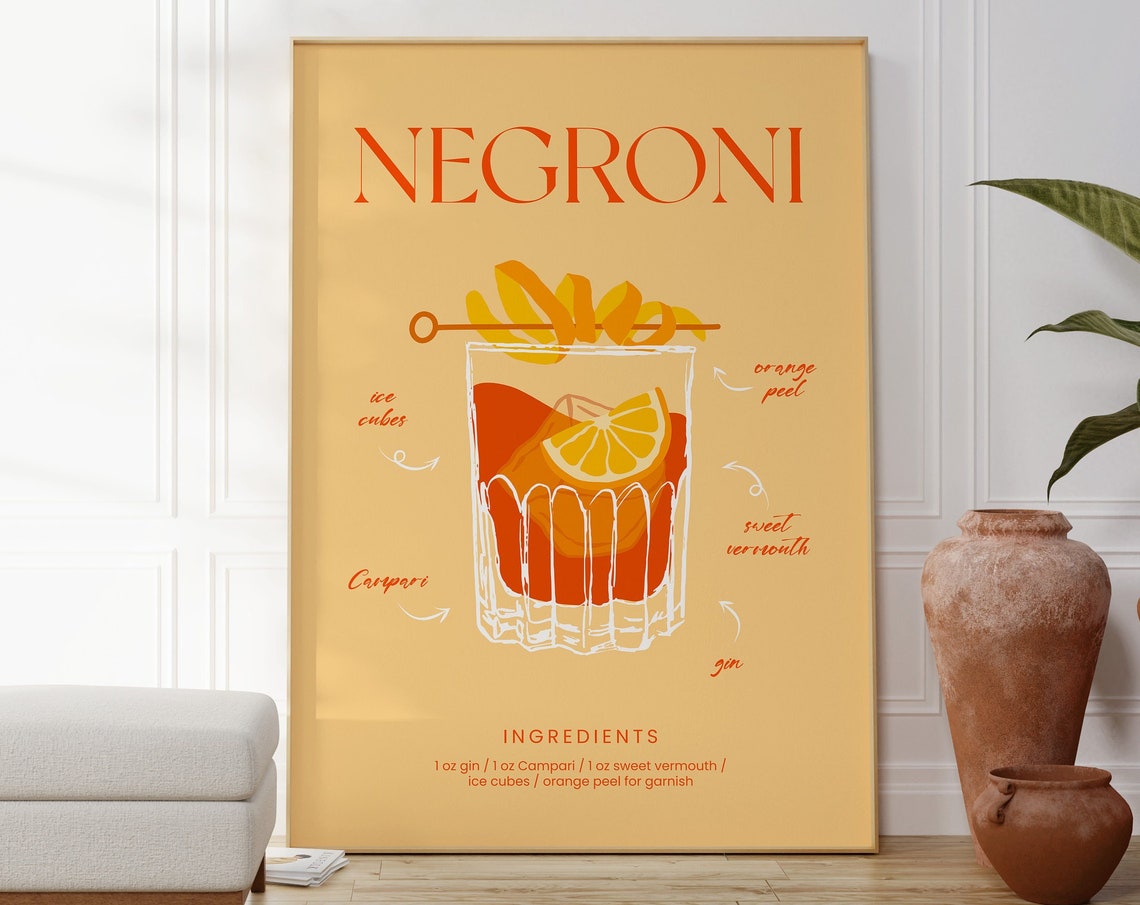Negroni Cocktail Ingredients Chart Elegant Orange Bar Wall Art Poster