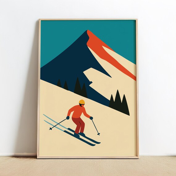 Retro Skier Carving Down Bold Mountain Vintage Ski Travel Poster