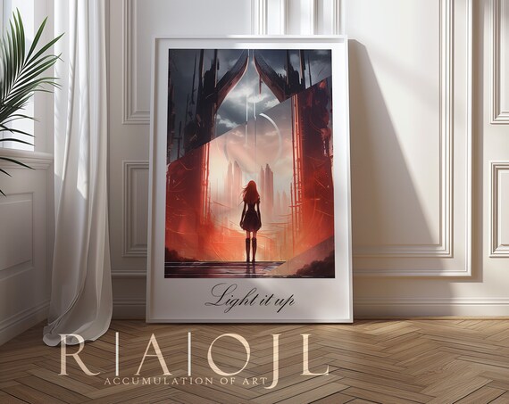 Light It Up Red Haired Girl Before Blazing Orange City Poster