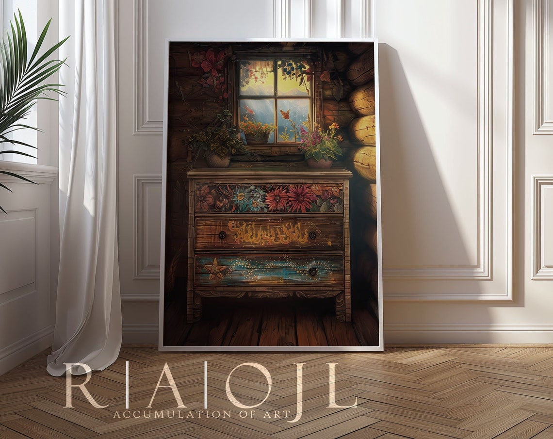 Cozy Log Cabin Folk Floral Painted Dresser Rustic Art Poster