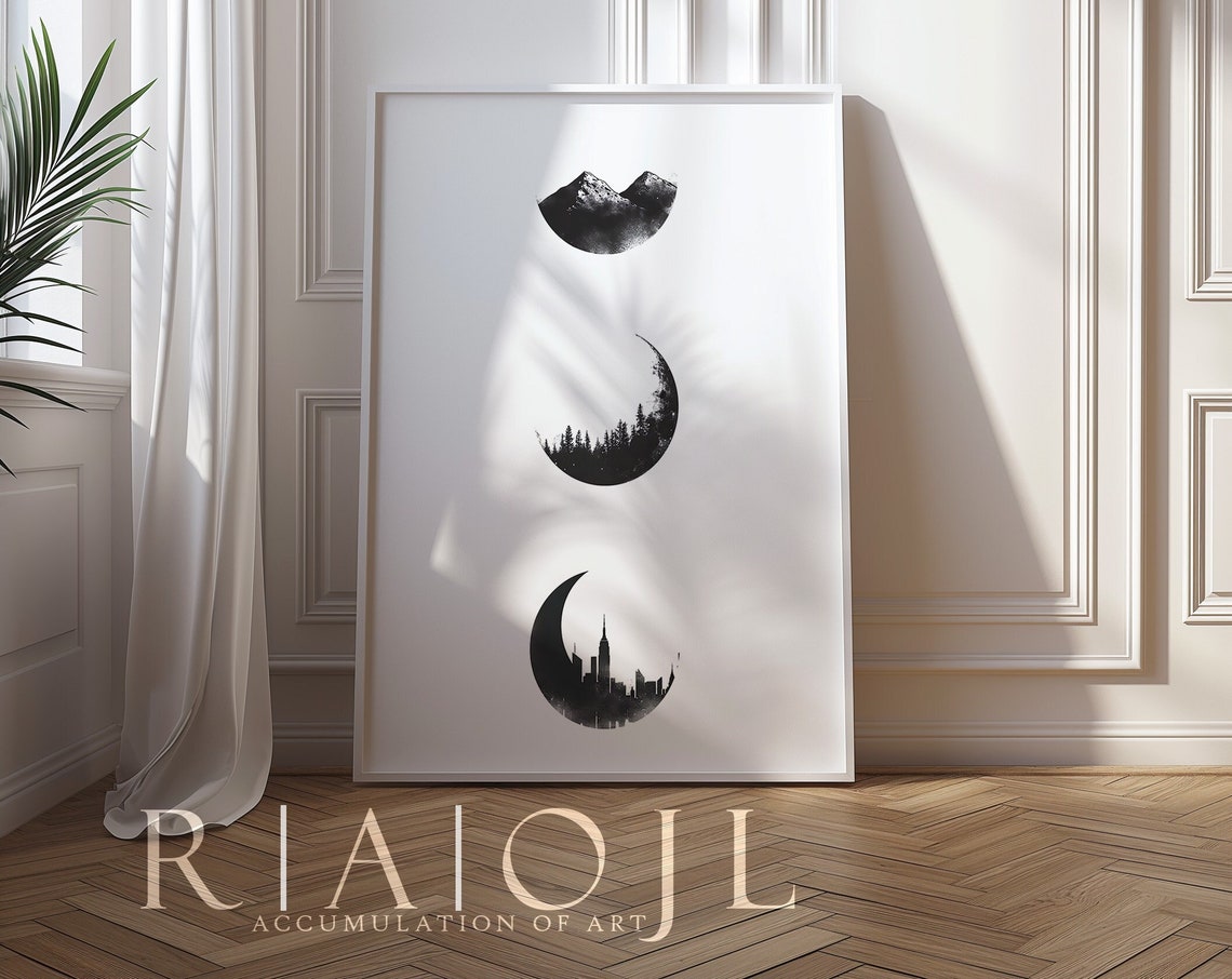 Minimalist Black Ink Moon Phases With Mountain Forest City Poster