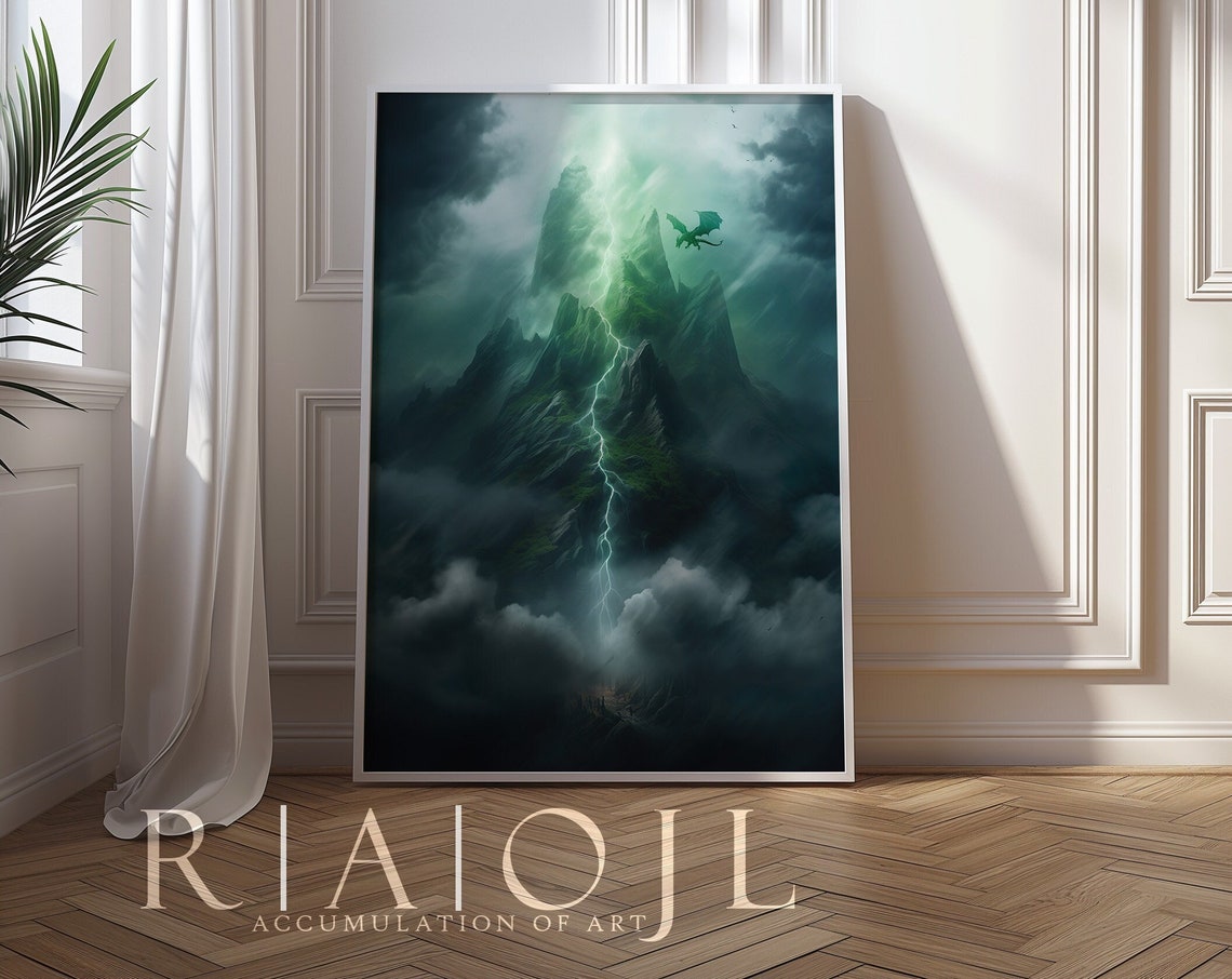 Lightning Storm Dragon Soaring Over Emerald Mountain Peaks Poster