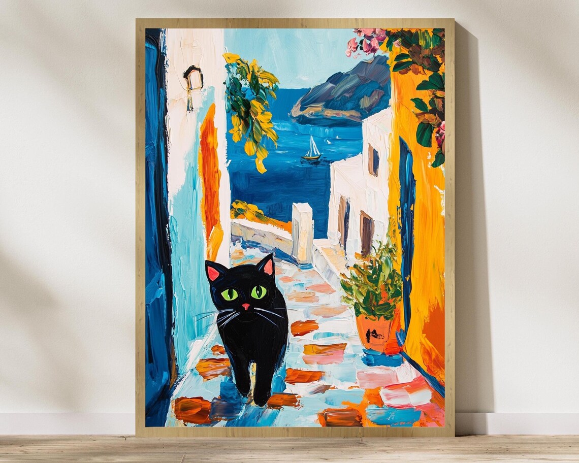 Santorini Cat Art Print, Greek Island Illustration