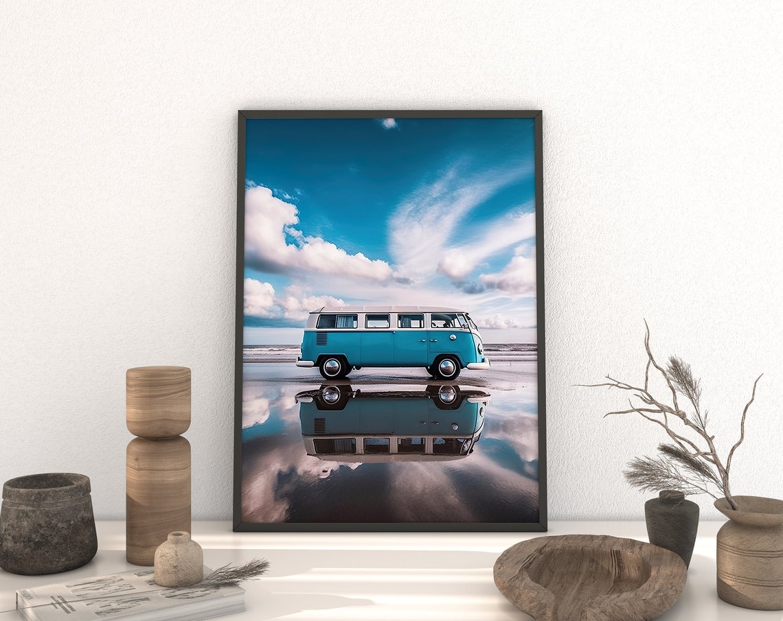 Turquoise VW Bus on Wet Sand Beach Reflection Cloudy Sky Photo Poster - Image 2