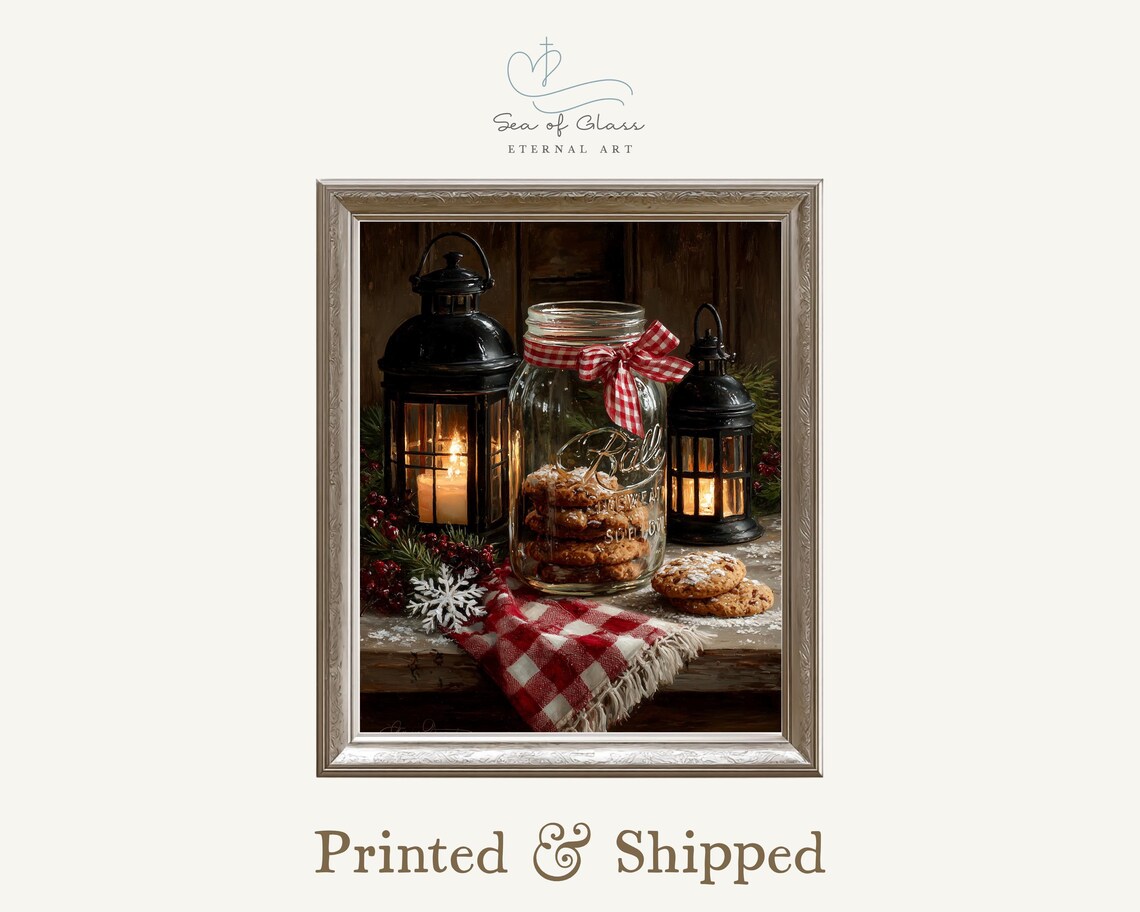 Christmas Cookies In Mason Jar Lanterns Farmhouse Holiday Still Life Print