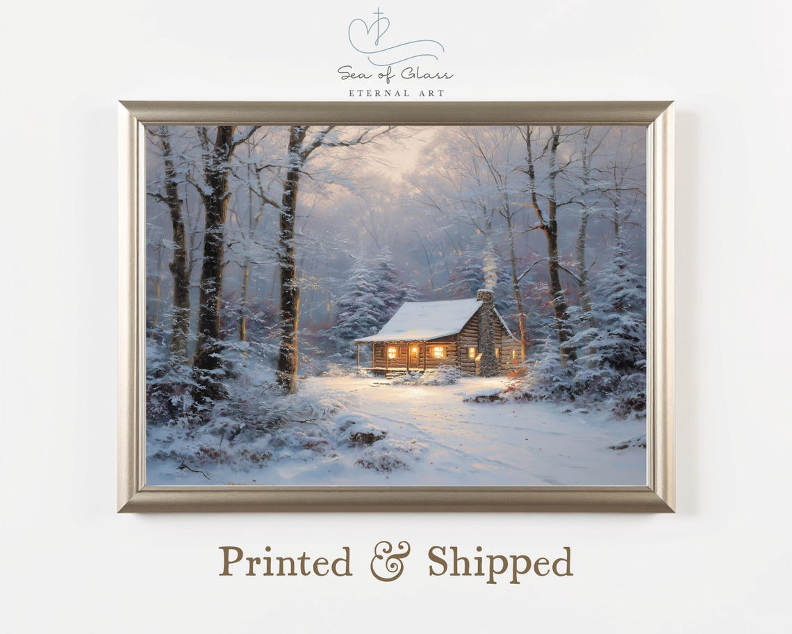 Cozy Log Cabin Snowy Forest Dusk Glowing Windows Winter Art Poster