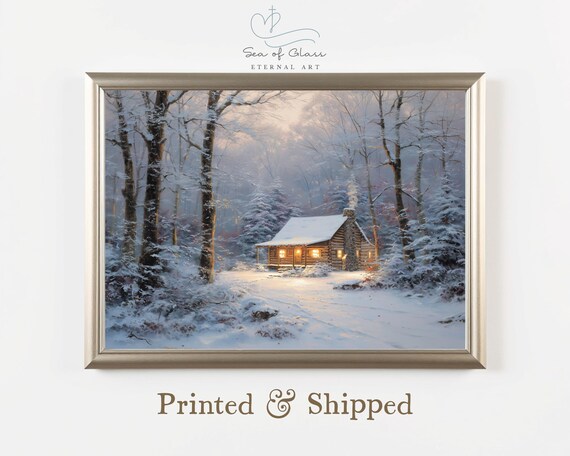 Cozy Log Cabin Snowy Forest Dusk Glowing Windows Winter Art Poster