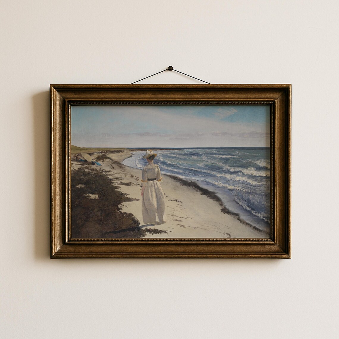 Vintage Beach Woman White Dress Seaside Shore Ocean Walk Poster