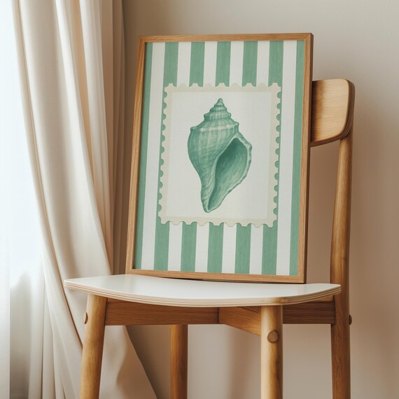 Vintage Green Seashell Stamp Print on Striped Coastal Background
