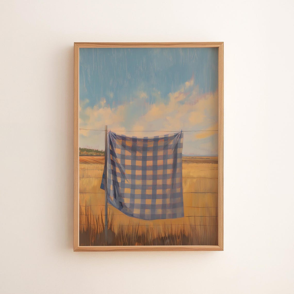 Gingham Blanket Clothesline Golden Wheat Field Rustic Painting Poster