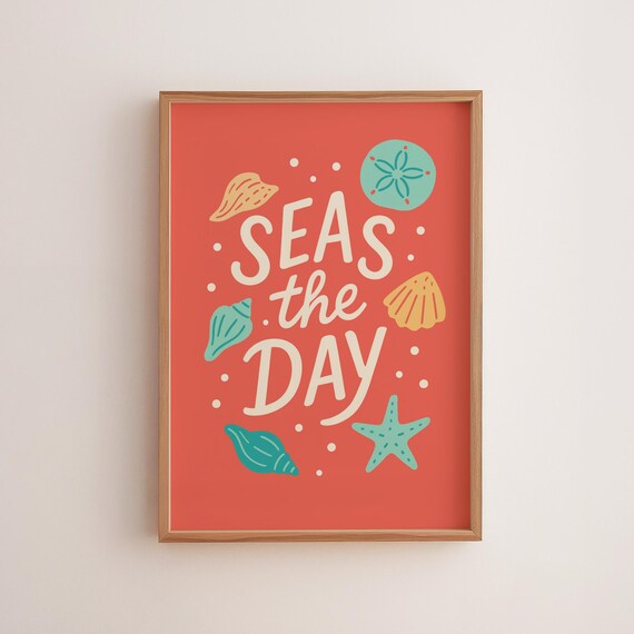 Seas The Day Coral Coastal Typography Print With Shells And Starfish