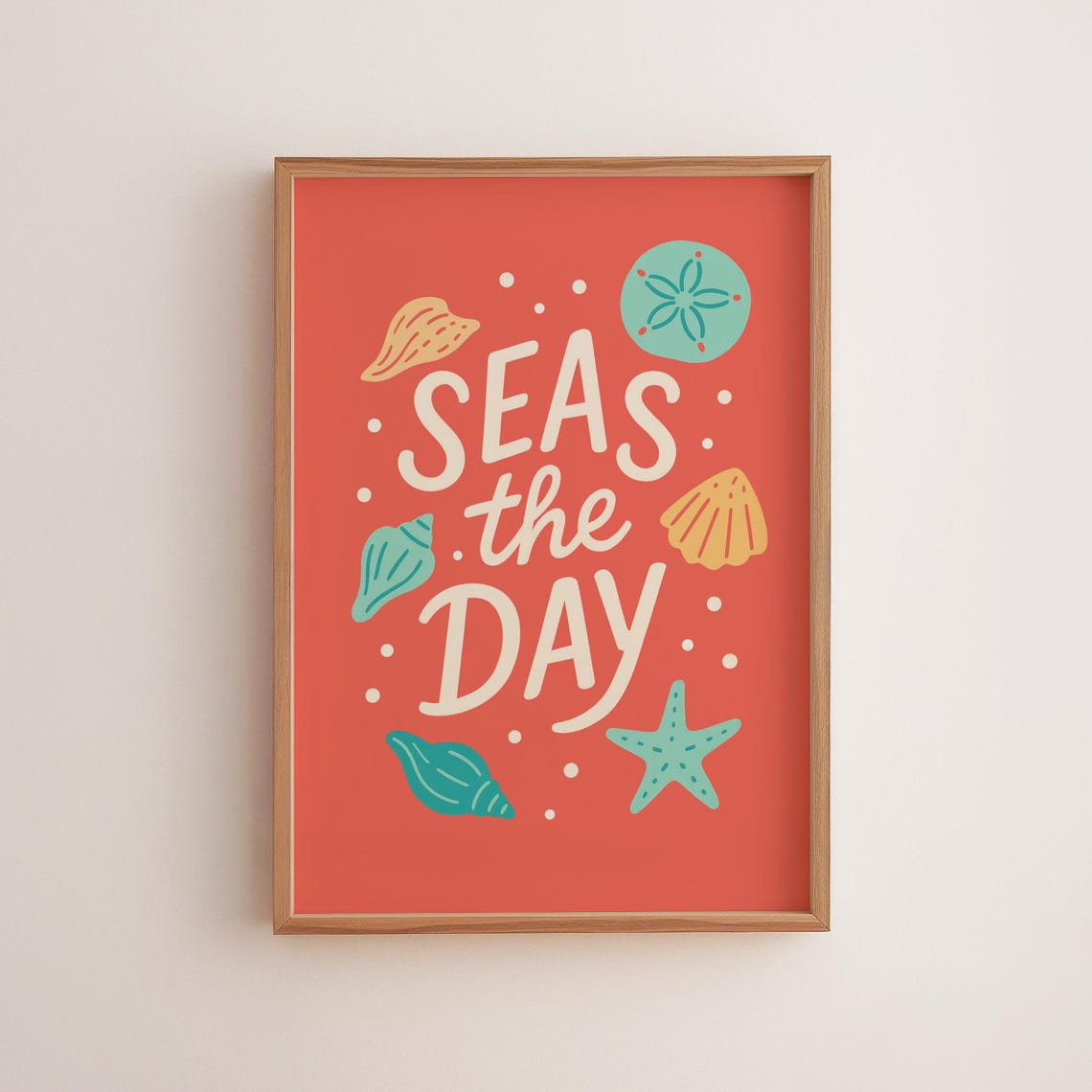 Seas The Day Coral Coastal Typography Print With Shells And Starfish
