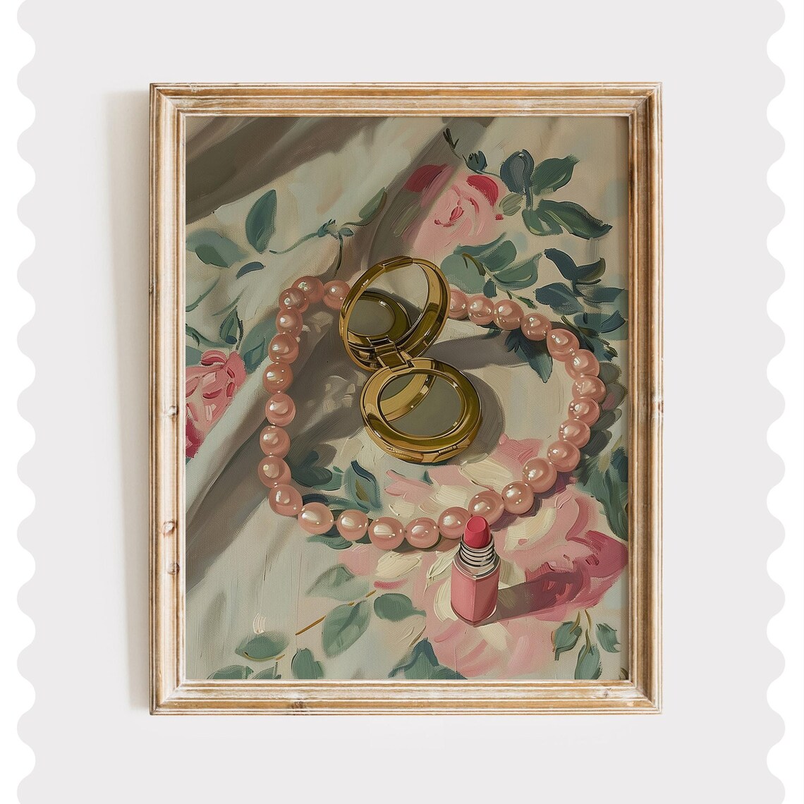Coquette Vanity Pink Pearls Lipstick Gold Compact Floral Painting Poster