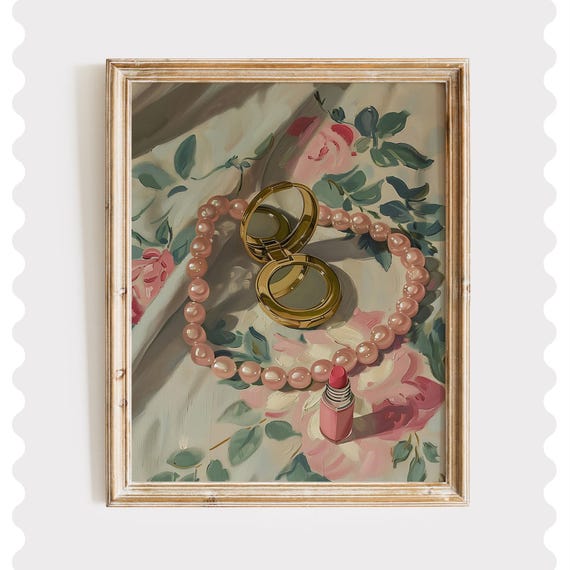 Coquette Vanity Print Pink Pearls Lipstick Gold Compact