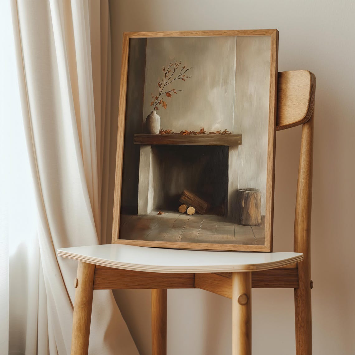 Fall Fireplace Print Minimalist Autumn Mantel Art