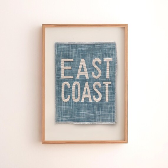 East Coast Embroidered Text Blue Linen Minimalist Decor Poster