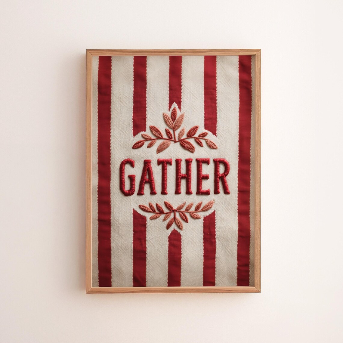 Gather Embroidered Red Striped Farmhouse Kitchen Word Poster