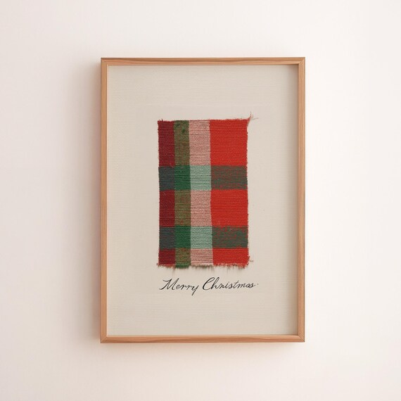Woven Cozy Red Plaid Patch Merry Christmas Holiday Textile Wall Art