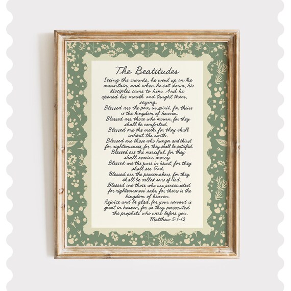 The Beatitudes Matthew Chapter 5 Scripture Sage Green Botanical Art Poster