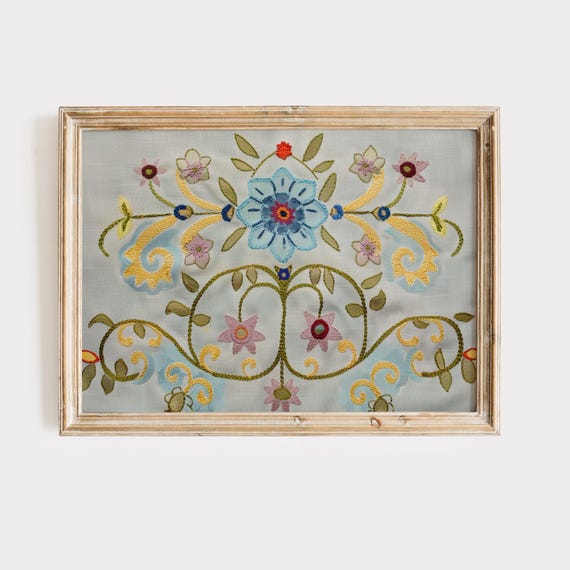 Embroidered Style Floral Print Boho Botanical Wall Art