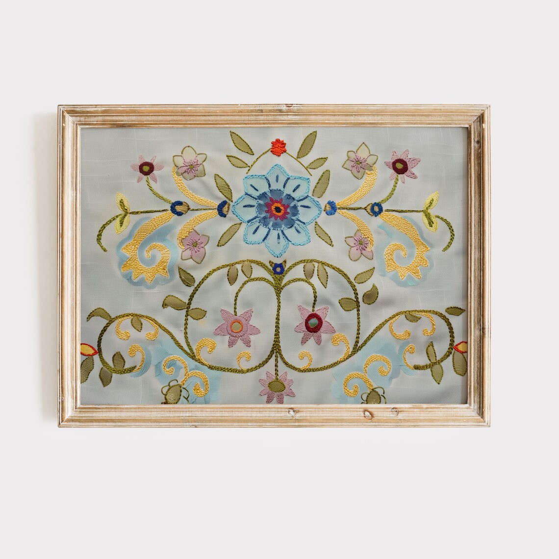 Embroidered Boho Floral Motif Symmetrical Botanical Textile Poster