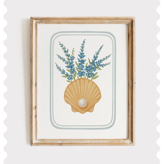 Blue Flowers In A Seashell With Pearl Coastal Watercolor Poster