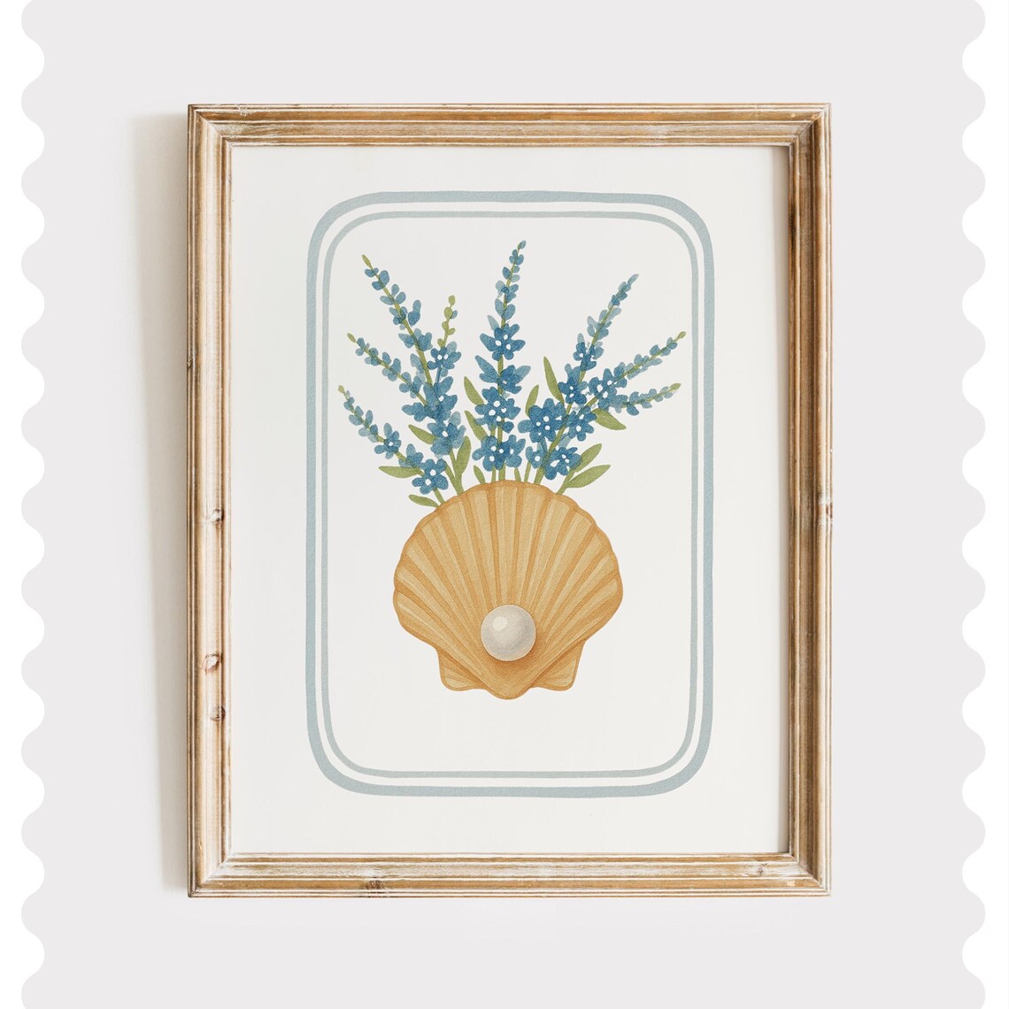 Blue Flowers In A Seashell With Pearl Coastal Watercolor Poster
