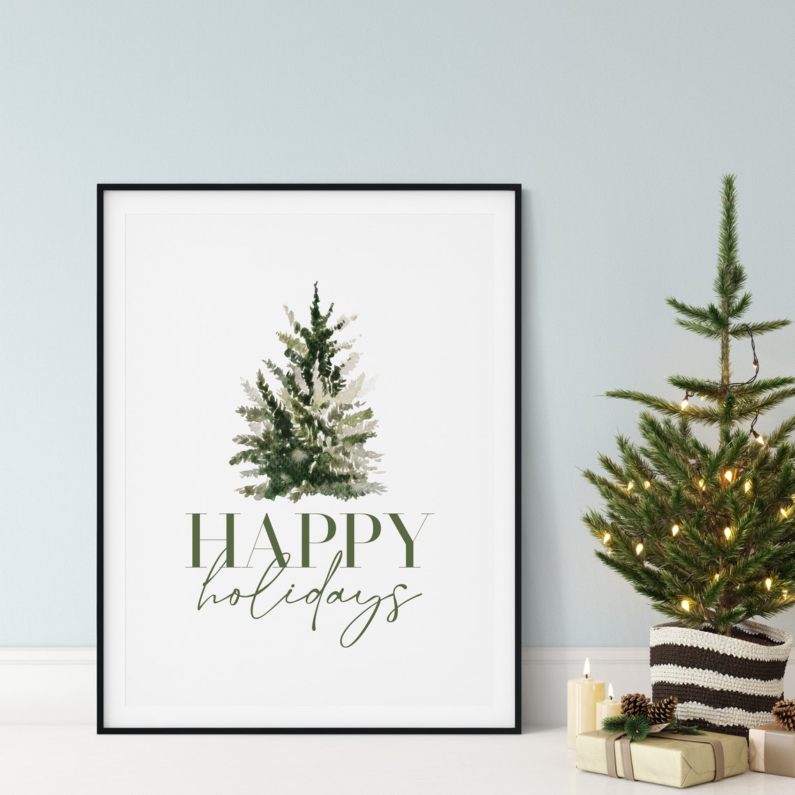 Happy Holidays Watercolor Green Christmas Tree Script Poster - Image 5